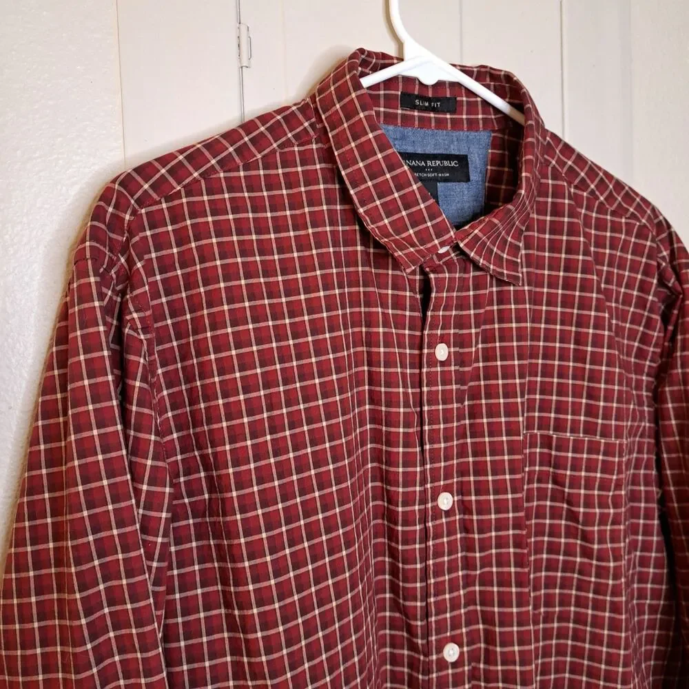 Banana Republic Mens Stretch Soft Wash Plaid Button Up Shirt Red XL 100% Cotton